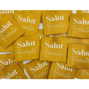 Étiquette tissée Salut Beauté fond safran – vendue à l’unité